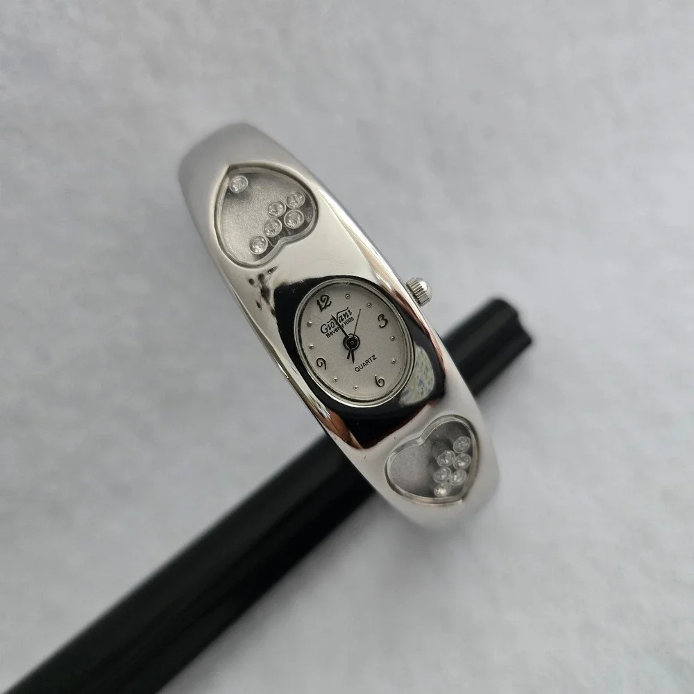 Giovani Beverly Hills Watch Bangle Cuff Silver Heart Floating Crystal UNTESTED